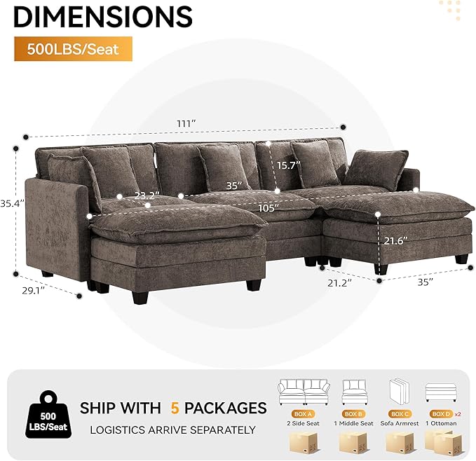 111'' Sectional Cloud Deep Seat Couch, Oversized Chenille U Shaped Sectional Sofa for Living Room Set, Comfy Upholstered Modular 3-Seats Sectional Sofa Couch with 2 Movable Ottoman, Brown