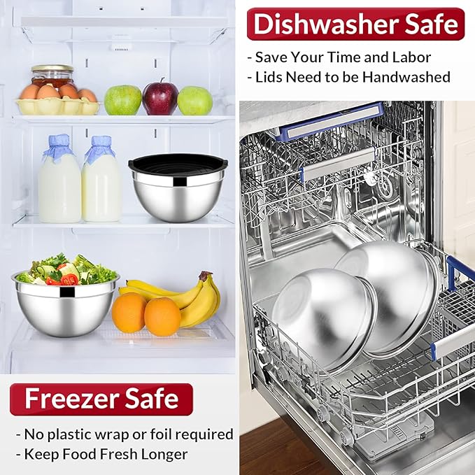 E-far Mixing Bowls with Lids Set of 5, Stainless Steel Black Mixing Bowls Metal Nesting Bowls with Airtight Lids for Cooking, Baking, Serving, Storage - Size 0.7/1/1.5/3/4.6QT - Dishwasher Safe