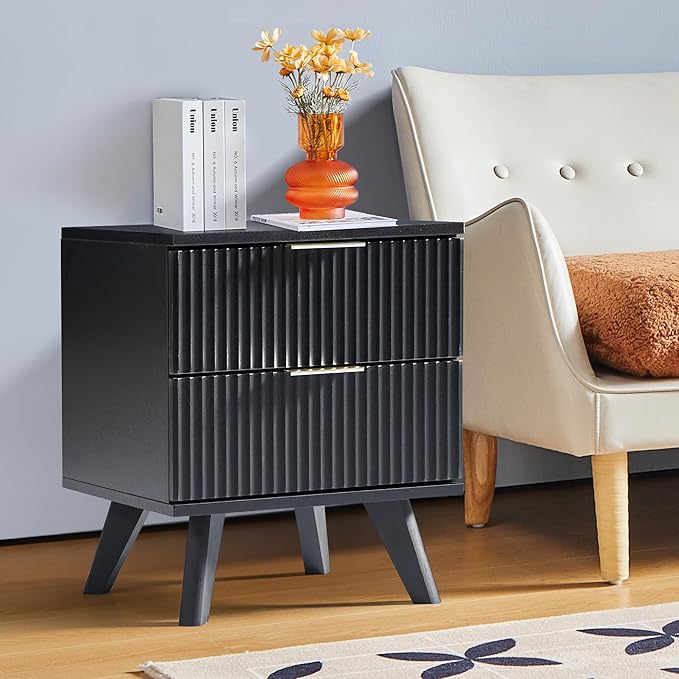 Fluted 2 Drawer Small Dresser for Bedroom, Mid Century Modern Nightstand with Drawers, Low Bedside Table with Drawers, End Table Short Storage, Living Room, Dorm -Black