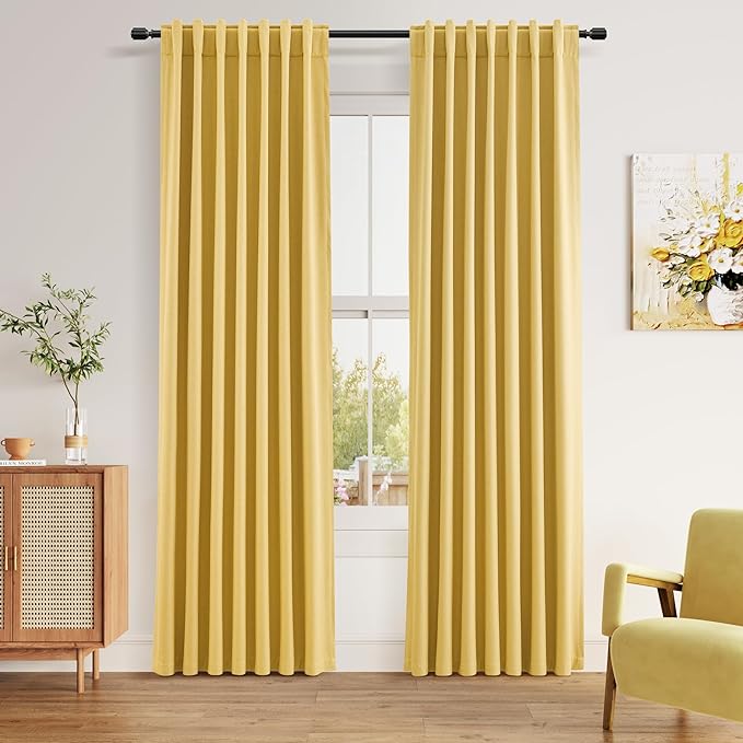 Guken Blackout Curtains 84 Inch Length 2 Panels Set for Living Room Bedroom Back Tab Thermal Insulated 100% Black Out Linen Drapes Room Darkening Window Curtains 84 Inches Long,Gold Yellow