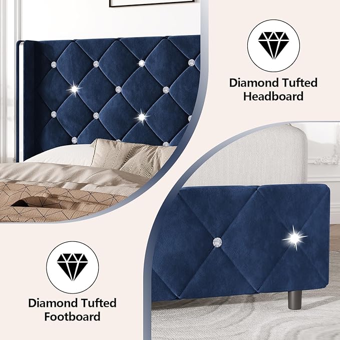 HOMBCK Queen Size Bed Frame with Headboard, Blue Queen Bed Frame with Wingback, Upholstered Bed Frame with Diamond Headboard, Wood Slat Support, No Box Spring Needed, Easy Assembly