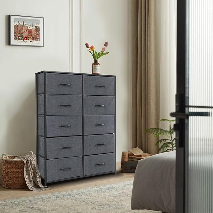 Dresser for Bedroom with 10 Drawers, Chest of Drawers, Storage Drawers Organizer Unit, Grey Wide Fabric Dresser with Fabric Bins for Closet, Living Room, Entryway (Grey and Charcoal Black)