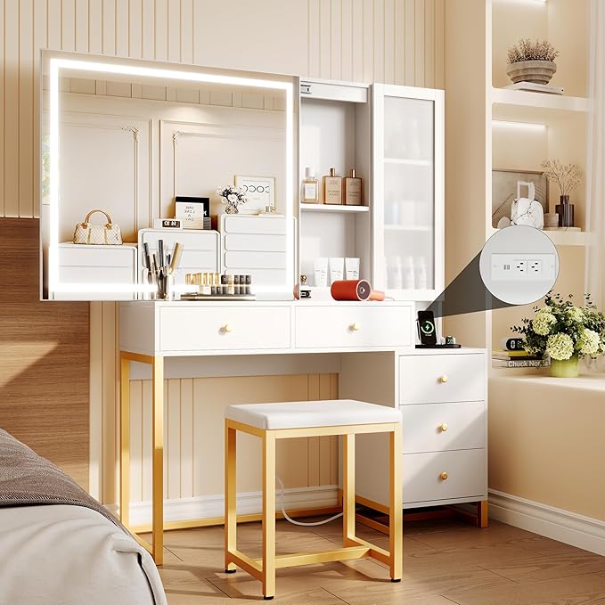 White Makeup Vanity Desk with Sliding Mirror and LED Lights,Power Outlet&Vanity Stool for Makeup Table,Makeup Organizer Countertop Cabinets&5 Storage Drawers, Vanity Table for Women