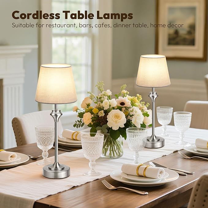 NIORSUN Portables Cordless Table Lamp,Flaxen Fabric Shade Battery Operated Lamp,5200mAh Bedside Table Lamp with Warm White,3 Way Dimmable Touch Desk Lamp for Bedroom Living Room Restaurant (Silver)