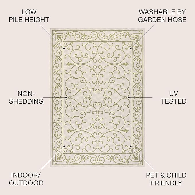 JONATHAN Y SMB106I-5R Charleston Vintage Filigree Textured Weave Indoor Outdoor Area Rug, Bohemian Coastal Traditional Easy Cleaning,Bedroom,Kitchen,Backyard,Patio,Non Shedding, 5' Round, Cream/Green