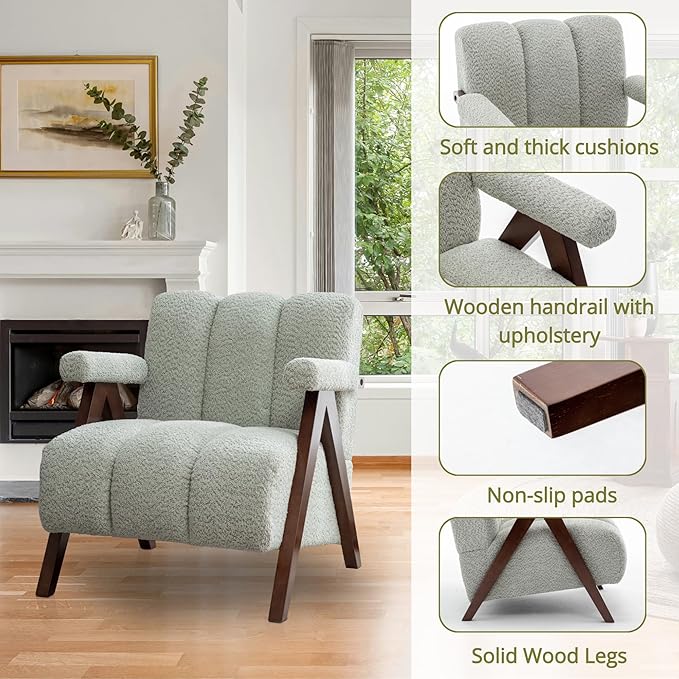 Mid Century Modern Accent Chair with Solid Wood Frame, Boucle Upholstered Living Room Chairs with Thick Cushion, Comfy Tufted Arm Chair for Bedroom, Sage