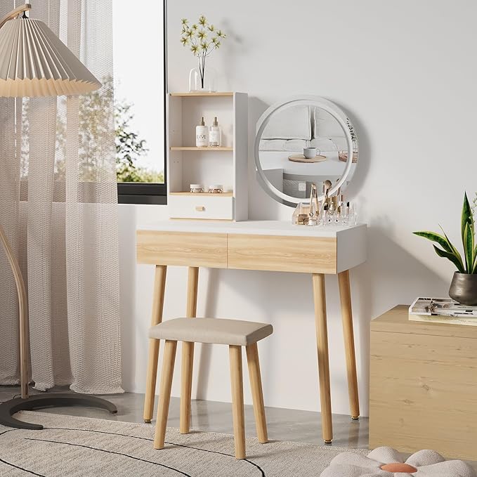 YOURLITE Makeup Vanity Desk with Lights,Small Vanity with Adjustable Brightness Mirror for Samll Spaces,Vanity Desk with Drawers and Storage Shelves