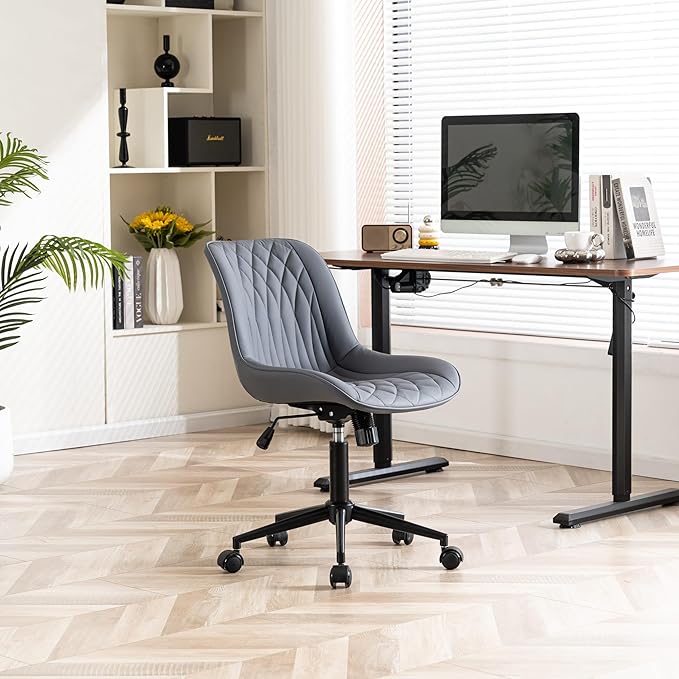 YOUNIKE Ergonomic Home Office Desk Chair Comfy Small Criss Cross Chair with Wheels Swivel Adjustable Modern Vanity Chair with Back Armless Cute Leather Upholstered Rolling Task Chair Dusty Blue