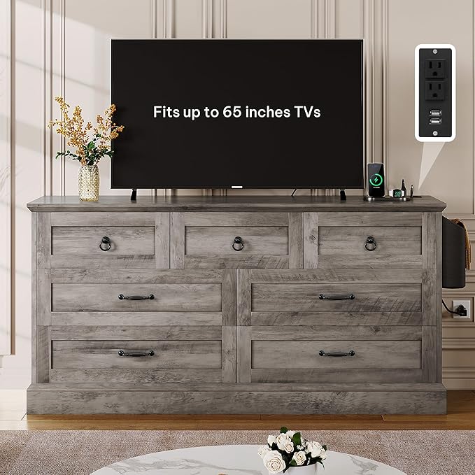 DWVO Farmhouse 7 Drawers Dresser, 59" Wide Wood Rustic Chest of Drawers with Nice Texture, Vintage Design, Storage Dressers Organizer for Living Room, Hallway, Grey