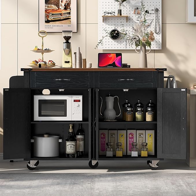 Merax 53.5" Upgraded Kitchen Cart Island on Wheels with Power Outlet,Drop Leaf,Farmhouse Wood Frame Storage Cabinet for Dining Room