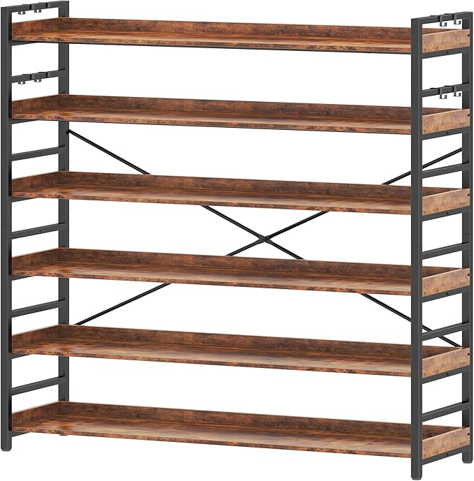 HCHQHS 6 Tier Bookshelf, Adjustable Industrial Bookcase, Vertical Tall Book Shelf, Wood and Black Metal Open Bookshelves for Home Office, Living Room, Bedroom