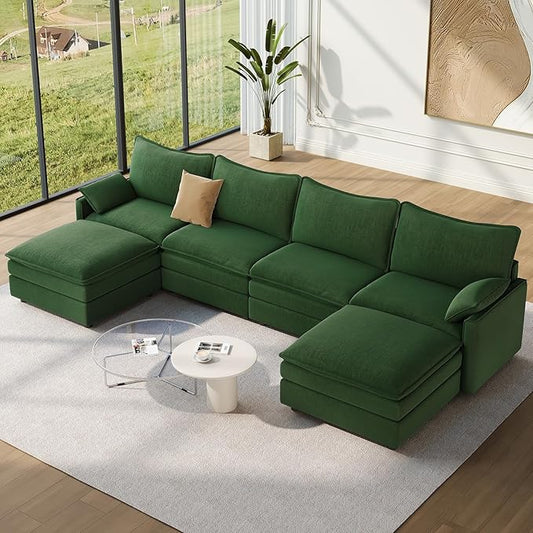 Vesgantti 142" U Shaped Sectional Couch, Comfy Cloud Modular Sectional Sofa with 2 Ottoman Deep Seat Chenille Modern Cloud Sofa, Modular Sofas for Living Room, Bedroom and Apartment, Green