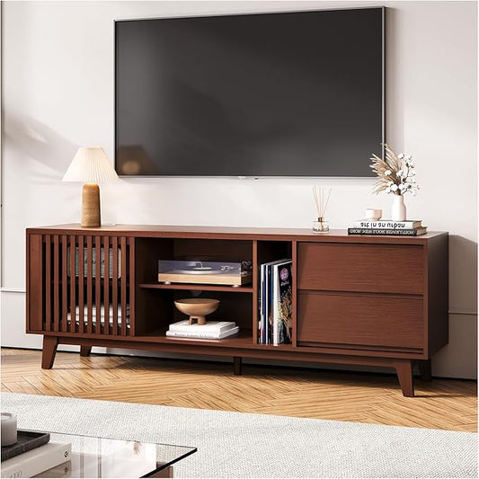 JOINCE,66" TV Stand for 60/65/75 inch tv, Mid Century Modern Entertainment Center/TV Stand and Media Console Table with Drawer and Shelf, Slatted Door TV Console for Living Room, Bedroom, Walnut