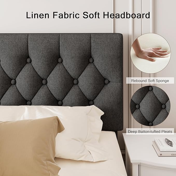 Queen Upholstered Bed Frame with Headboard, Button Tufted Linen Bed Base, Platform Bed with Wood Slat, Heavy Duty, Easy Assembly, No Box Spring Needed, Dark Gray
