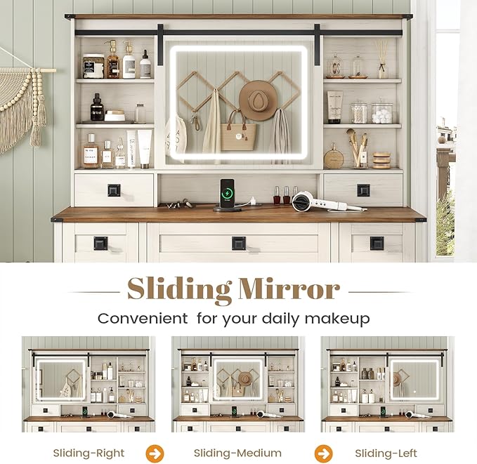 AOGLLATI Farmhouse Makeup Vanity Desk with Lights & Charging Station,Vanity Desk with Mirror and Lights, 47.2” Large Brown Vanity Table with Ample Storage Space and Sliding Mirror (Antique White)