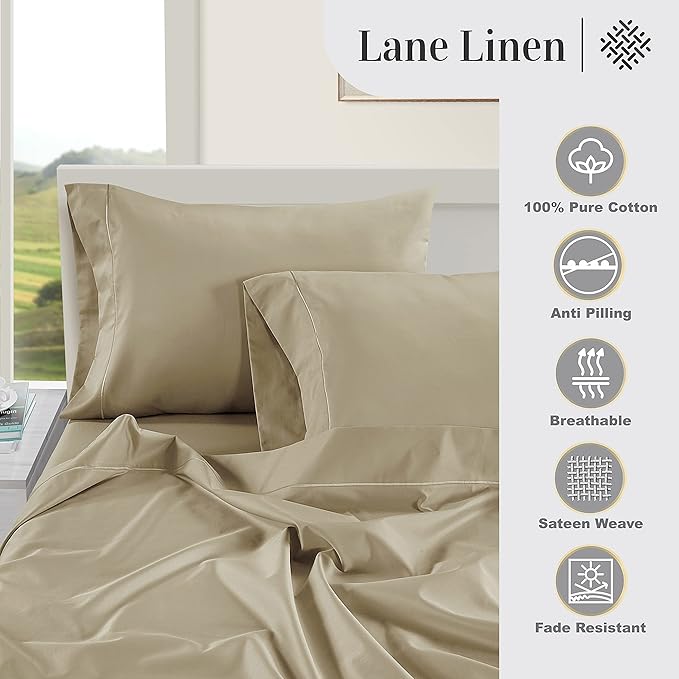 LANE LINEN Pillow Case Covers King Set of 2 100% Egyptian Cotton Sateen Soft Cool & Smooth 1000 Thread Count Cases - Linen