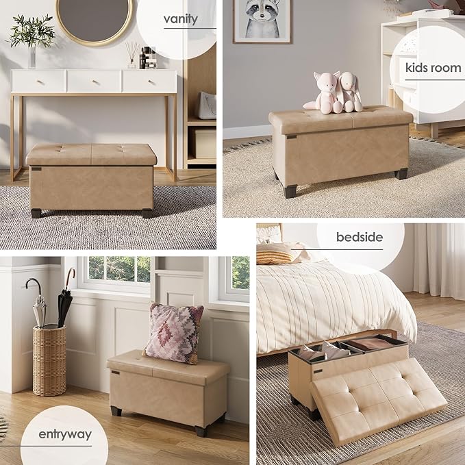 STORAGEBUD Storage Ottoman Bench with Bins, 30-in Storage Bench for Bedroom End of Bed, Folding Foot Rest Ottoman for Living Room Max 660lbs, Faux Leather Ottomans, Taupe