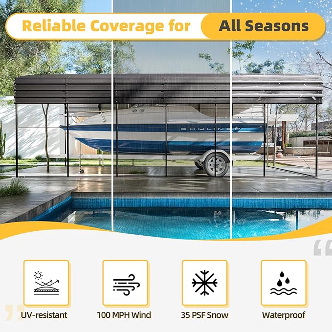 EROMMY 14x30 FT RV Carport, Heavy Duty Car-Port with Reinforced Metal Frame, Weather-Resistant Galvanized Steel Roof Shelters, Outdoor Car-Shed for RV, 2 Vehicles, Truck, Boat and SUV, Gray