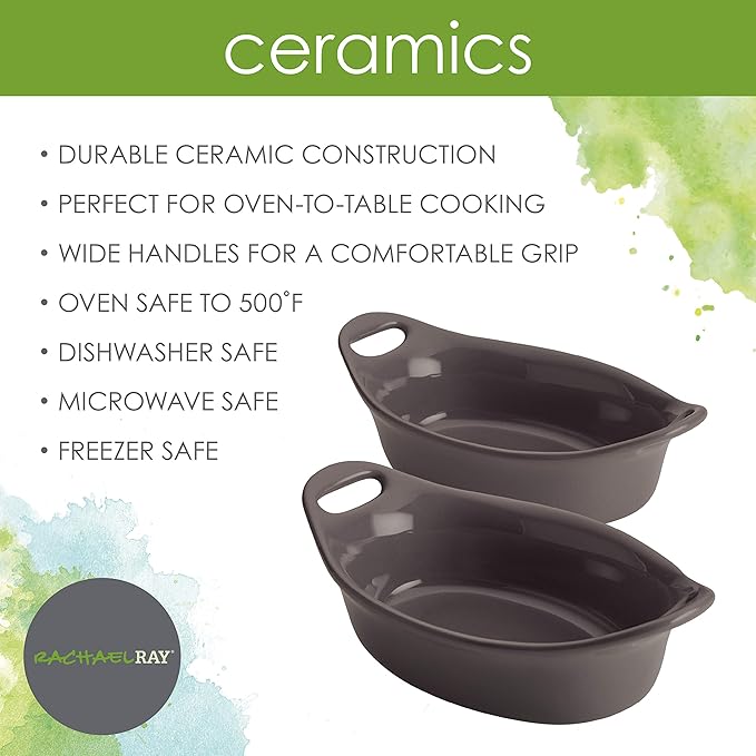 Rachael Ray Solid Glaze Ceramics Au Gratin Bakeware / Baker Set, Oval - 2 Piece, Gray
