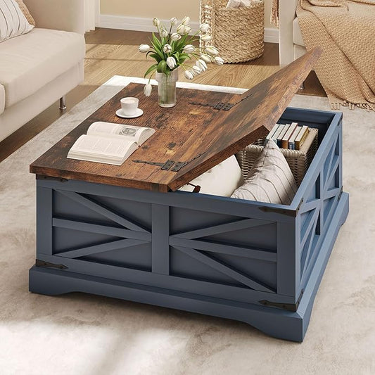 oneinmil Farmhouse Coffee Table with Storage Organizer, Square Coffee Tables with Large Storage Space, Center Table for Living Room, Bedroom, Home Office, Blue