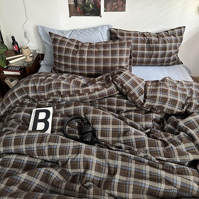 mixinni Vintage Blue & Brown Buffalo Plaid Comforter Set Twin XL Size - 3-Piece Washed Cotton Soft Geometric Checkered Pattern Bedding Set for All-Seasons Lightweight & Breathable-Twin XL Size