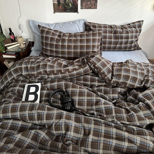 mixinni Vintage Blue & Brown Buffalo Plaid Comforter Set Twin XL Size - 3-Piece Washed Cotton Soft Geometric Checkered Pattern Bedding Set for All-Seasons Lightweight & Breathable-Twin XL Size