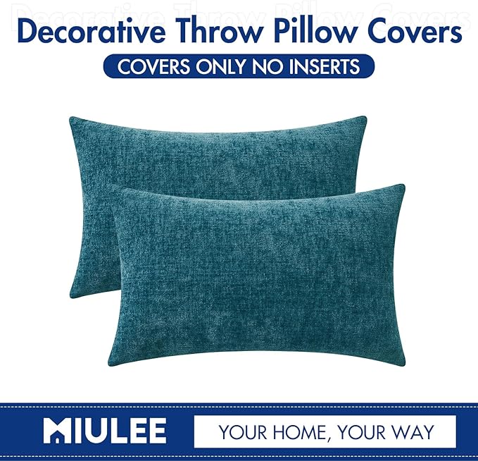 MIULEE Pack of 2 Dark Teal Throw Pillow Covers 12x20 Inch Soft Chenille Pillow Covers for Sofa Living Room Couch Solid Dyed Cases