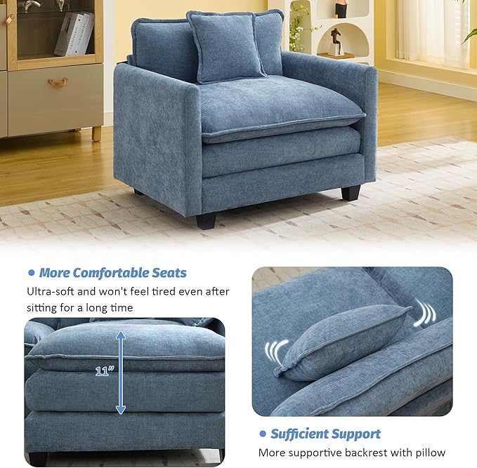 41'' Modern Chenille Oversized Chair, Upholstered Accent Living Room Chair with Extra Thicked Deep Seat, Single Lounge Chair for Bedroom, Small Apartment, Blue