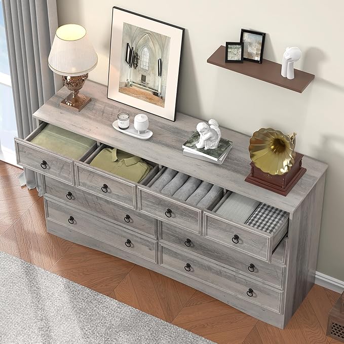 Grey Dresser for Bedroom with 10 Drawers, Large Chest of Drawers Storage Organizer, Long Dresser Storage TV Stand for Living Room, Bedroom, Hallway Taupe Grey