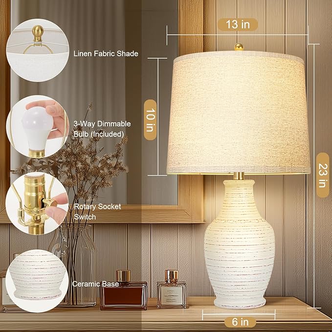 23" White Washed Ceramic Table Lamps Set of 2 with 3-Way Dimmable Bulb,Rotary Switch,Lamps for Living Room,Bedside Lamp with Linen Shade,Nightstand Lamps of 2 for Living Room Bedroom(Bulb Included)