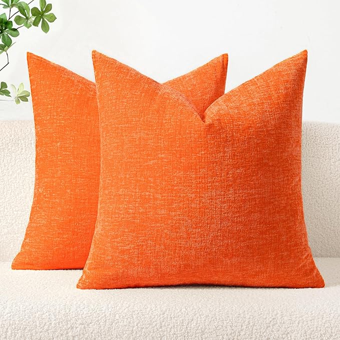 MIULEE Pack of 2 Bright Orange Throw Pillow Covers 18x18 Inch Fall Soft Chenille Pillow Covers for Sofa Living Room Couch Solid Dyed Cases