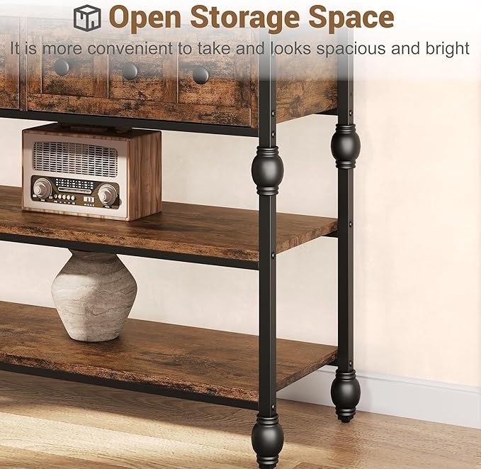 Garvee Console Sofa Table 53", Entryway Table with 3 Drawers, 3 Tier Metal Sofa Table, Open Shelf Behind Couch Table for Hallway, Living Room, Roman Column Design, Rustic Brown