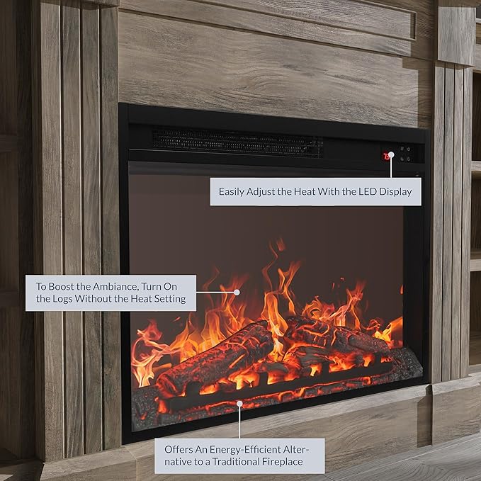BELLEZE Modern 66" Electric Fireplace Heater Mantel TV Stand & Media Entertainment Center for TVs up to 66" with Energy-Efficient Heater with Sound and Side Shelves - Lenore (Grey)