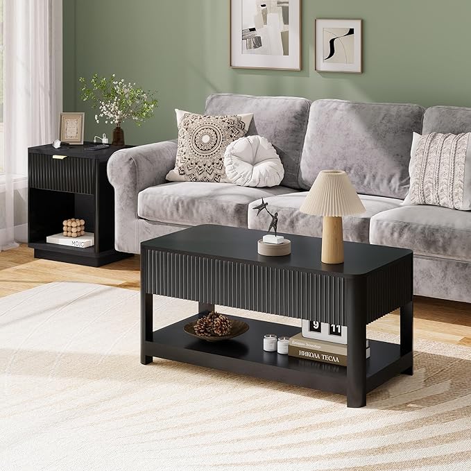 Lift Top Coffee Table with Storage, Mid Century Modern Coffee Table with Hidden Compartment, Fluted Wood Center Table for Small Space, Living Room, Home Office(Black)