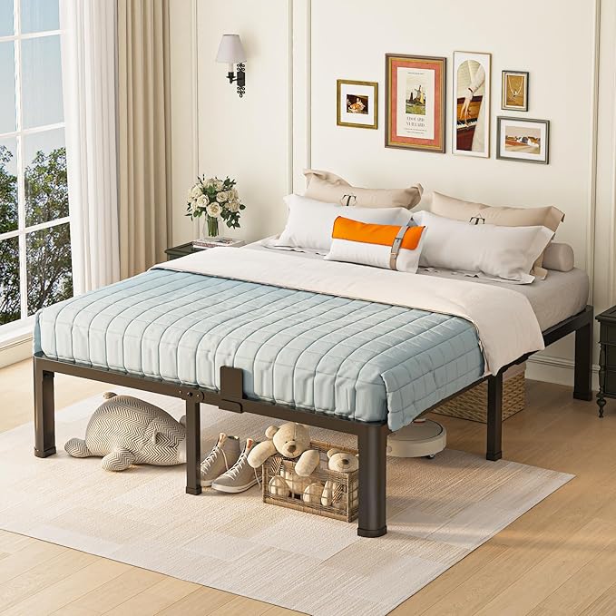 14 inch Full Size Bed Frame with Round Corner Legs Mattress Slide Stopper,3500 lbs Heavy Duty Metal Platform,Steel Slat Support,No Box Spring Needed,Easy Assembly,Noise Free