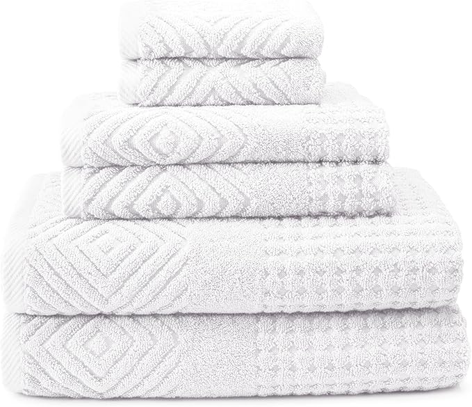 Texere 100% Organic Cotton Diamond Jacquard 700 GSM Luxury Bath Towel Sets, Soft and Absorbent Hotel Quality, Bath Towels, Hand Towels, Washcloths (Diamond, Bright White, 6 Piece)