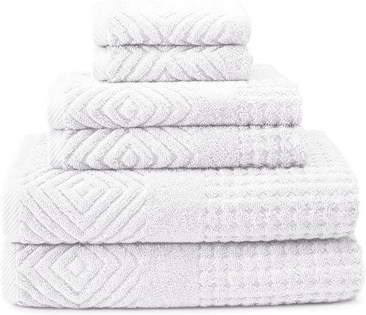Texere 100% Organic Cotton Diamond Jacquard 700 GSM Luxury Bath Towel Sets, Soft and Absorbent Hotel Quality, Bath Towels, Hand Towels, Washcloths (Diamond, Bright White, 6 Piece)