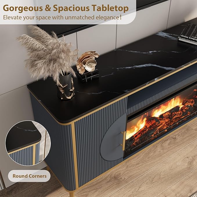 Fluted Fireplace TV Stand Up to 80" TVs, Modern Entertainment Center with 30" Electric Fireplace, Luxury Media Console with Adjustable Shelves for Living Room, Navy Blue