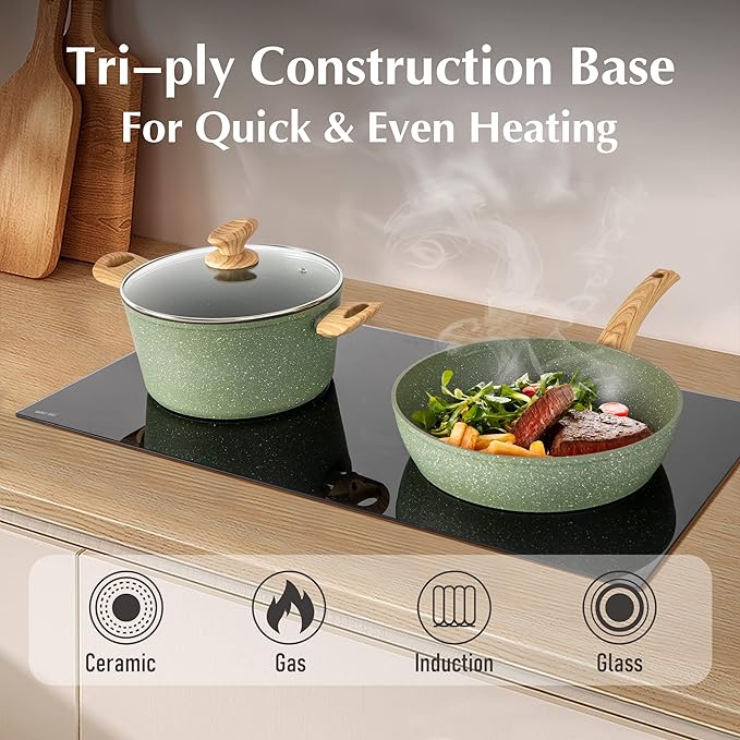 MAISON ARTS Pots and Pans Set Non Stick, 12 Piece Green Granite Kitchen Cookware Induction Compatible, Pot and Pan Sets for Cooking Nonstick