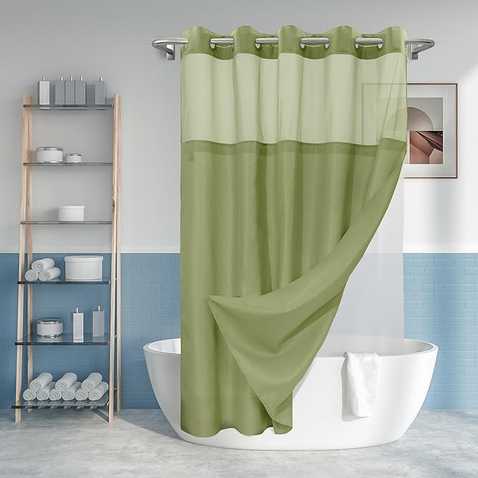 No Hook Slub Textured Shower Curtain with Snap-in PEVA Liner Set - 71" x 74"(72"), Hotel Style with See Through Top Window, Fabric Outer Curtain & Waterproof Inner Liner, Sage, 71x74