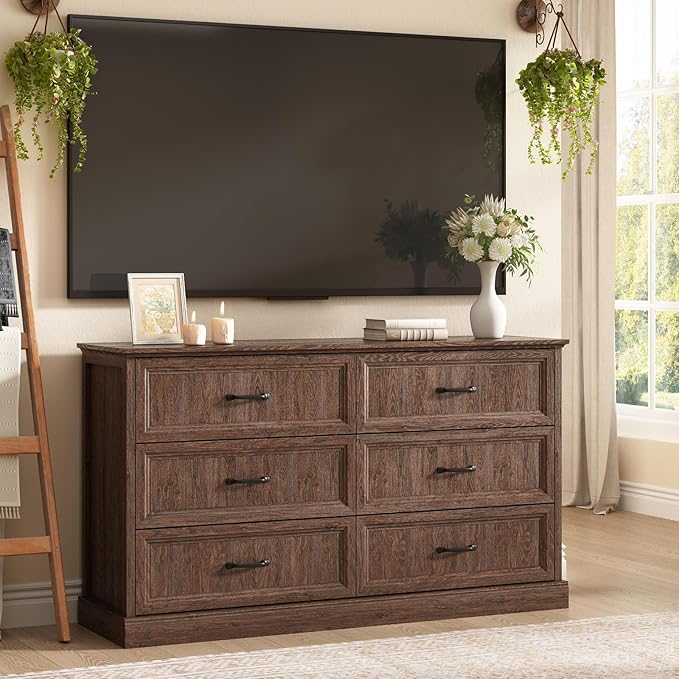 Farmhouse 6 Drawer Dresser for Bedroom, 55 Inch Wide Modern Brown Dresser TV Stand with Large Drawers & Bar Handles, Rustic Wood Chest of Drawers for Bedroom, Living Room, Hallway, Entryway.