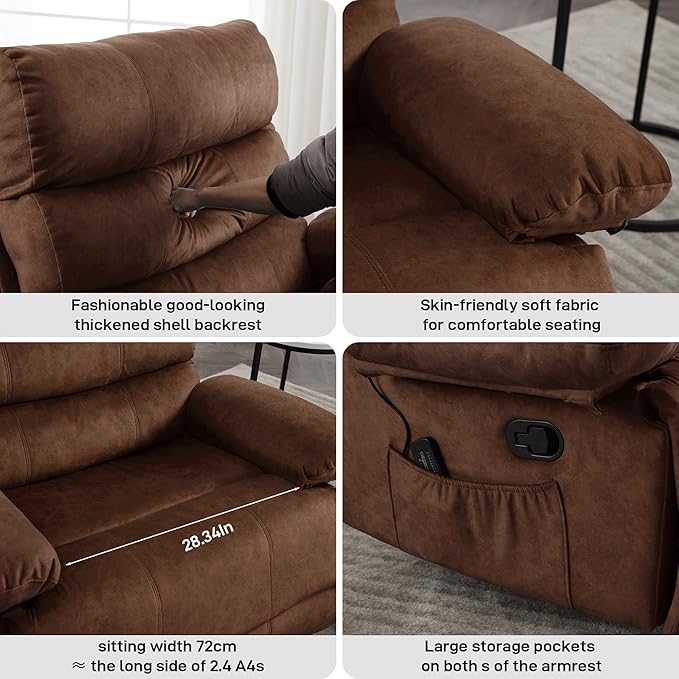 Oversized Power Recliner Chair 350lb with Hidable Cup Holders, Extra Wide Large Big Electric Recliner Chair with Lumbar Support Pillow Nursery Chair Living Room (Manual, BROWN-6002-1)