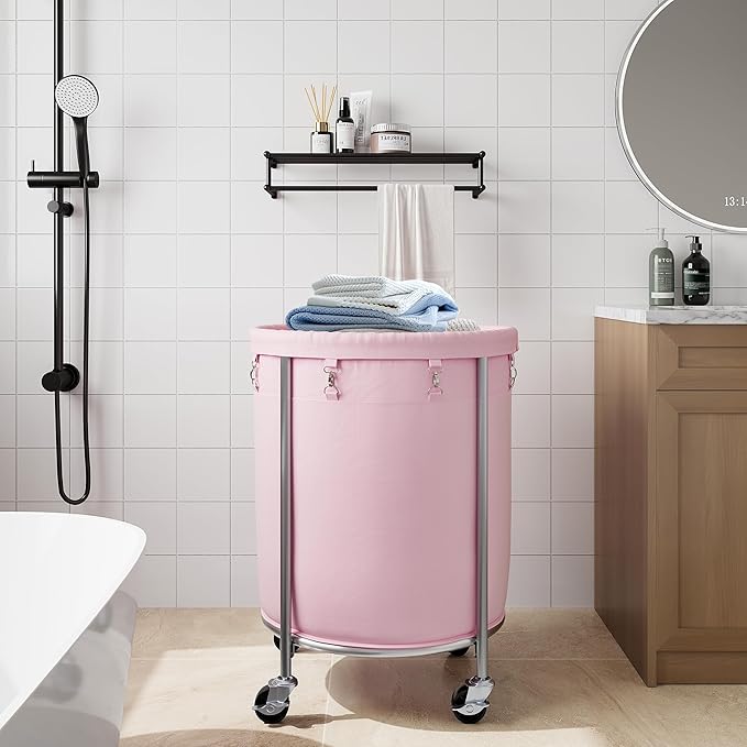 ELYKEN Laundry Basket with Wheels, 170L Rolling Laundry Hamper with Removable Bag and Steel Frame, Round Laundry Cart with 4 Casters and 2 Brakes, Ideal for Bedroom, Bathroom, Laundry Room, Pink