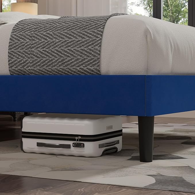 VECELO Full Size Bed Frame with Upholstered Headboard, Velvet Platform Bedframe Mattress Foundation, Strong Wood Slat Support, No Box Spring Needed,Blue