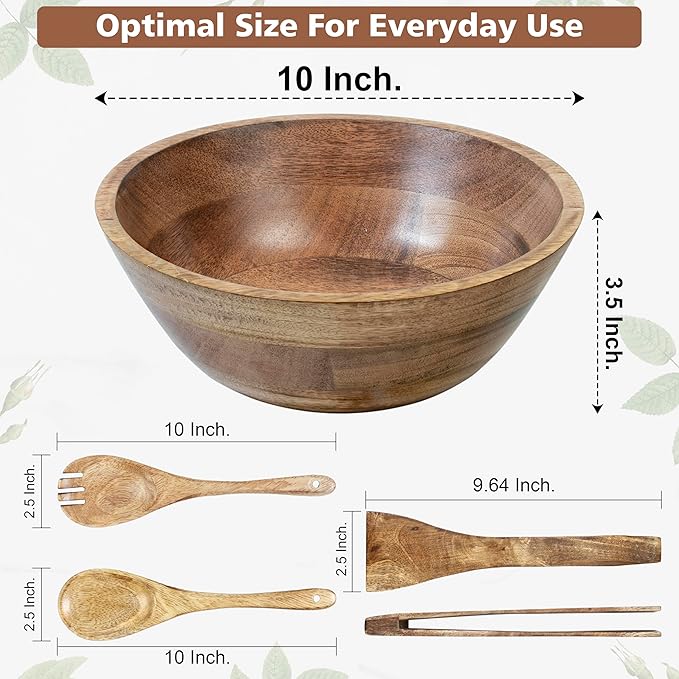 Crocon Wooden Salad Bowls Set, Round Serving Bowl for Fruits or Salads, Cereal, Corn Flake, Pasta Large Wood Serving Bowl, 10" Big Salad Bowl With Serving Utensils