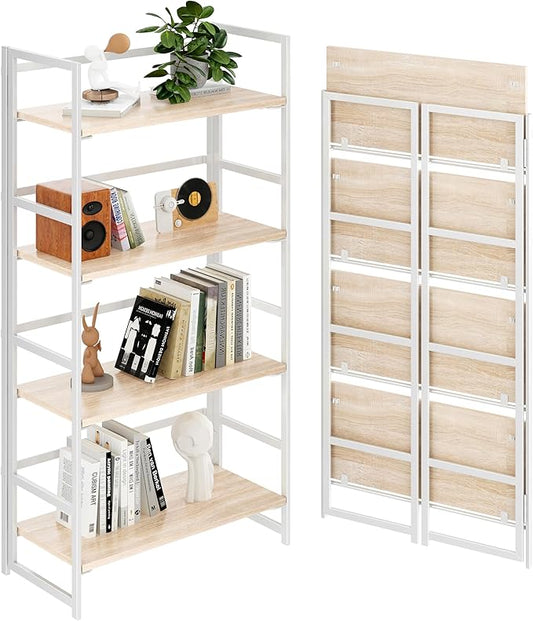 BHG Vintage Multifunctional Folding Bookshelf, No-Assembly Plant Stand Storage Rack Shelves for Home Office (White, 4-Tier)