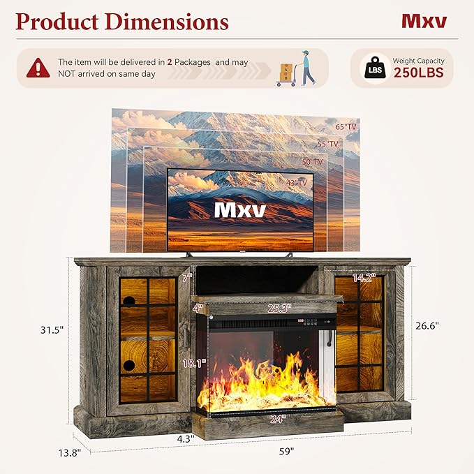 MXV 59'' Fireplace TV Stand, Farmhouse Entertainment Center with 3 Sided Glass TV Stand, Modern Media Console Table with Storage Drawers & Cabinets with LED Flame and Lights for Living Room, Gray