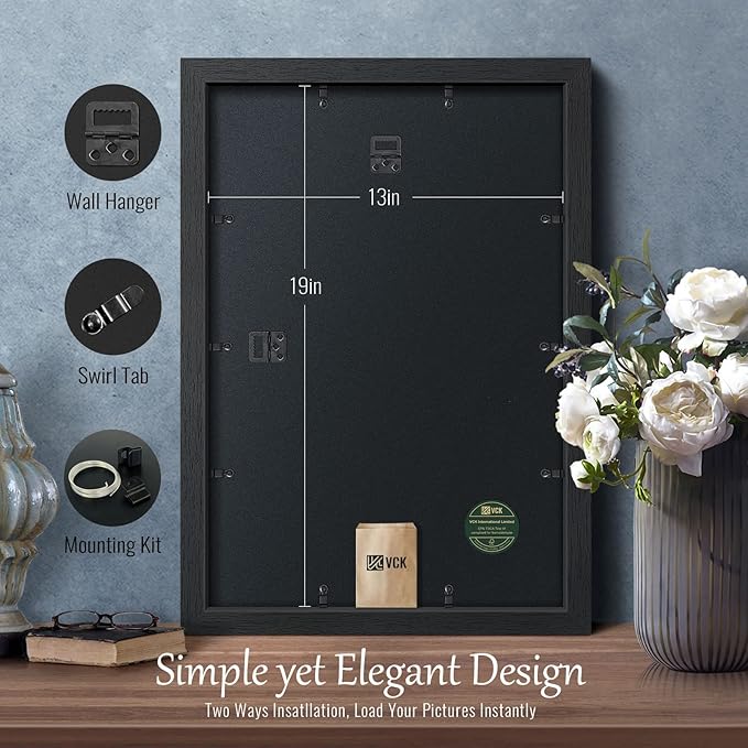 VCK 13x19 Poster Frame 2 Pack, Solid Wood Black Picture Frames with Exclusive Woodgrain, Wall Gallery Frame