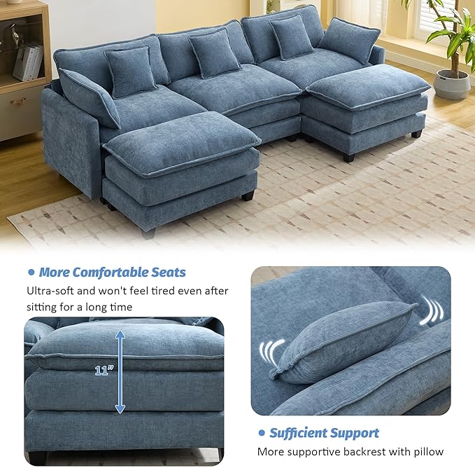 111'' Sectional Cloud Deep Seat Couch, Oversized Chenille U Shaped Sectional Sofa for Living Room Set, Comfy Upholstered Modular 5-Seats Sectional Sofa Couch with 2 Movable Ottoman,Blue