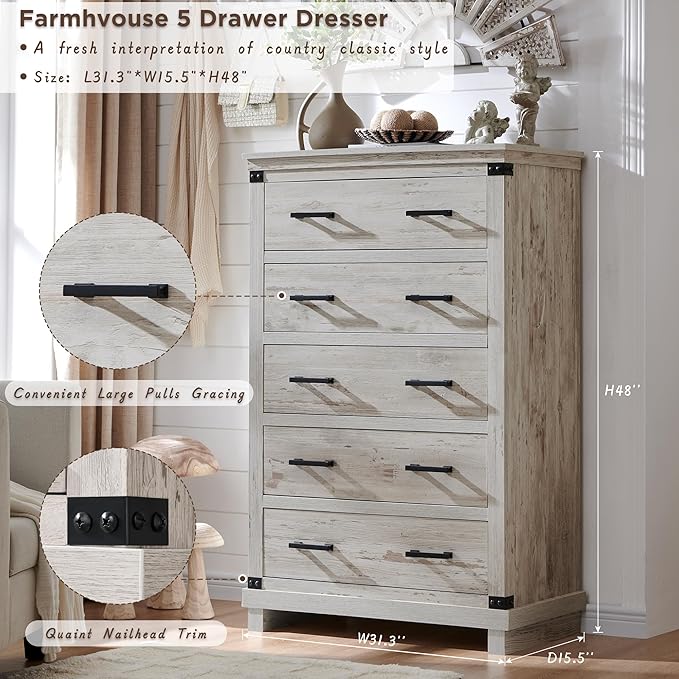 Farmhouse 5 Drawers Dresser for Bedroom, Wood Tall Chest of Drawers with Thick Plank Styling, Rustic Closet Dresser for Bedroom, Living Room, Antique Brush White